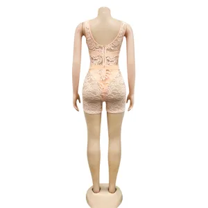 Women sexy lace mesh back zipper romper bodysuit, apricot sheer short jumpsuit back view.