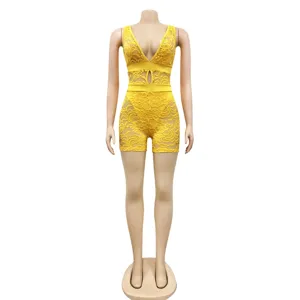 Sexy yellow lace V-neck romper for women clubwear summer stylish sleeveless summer jumpsuit