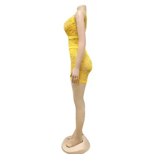 Women sexy v-neck lace romper yellow clubwear jumpsuit detail view stylish apparel fashion.