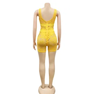 Yellow lace sexy clubwear romper for women, back zipper v-neck slim fit jumpsuit.
