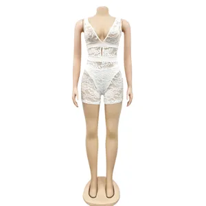 Sexy white lace V-neck romper for women, elegant sleeveless clubwear and fashion jumpsuit.