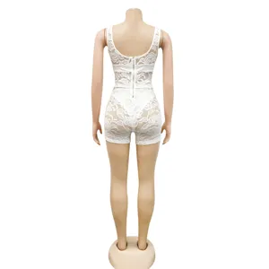 Detailed back view of a sexy white lace sleeveless romper featuring a zipper closure.