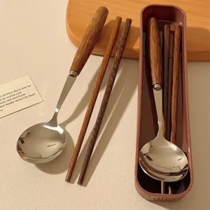 Korean style stainless steel spoon and wooden chopsticks set with portable storage box.