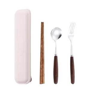 Portable Korean style wooden handle cutlery set with storage box for daily office school use.