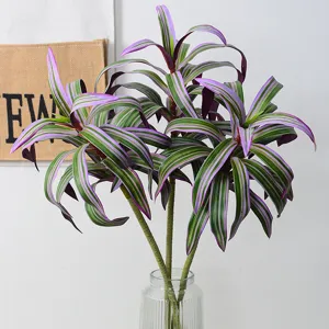 Artificial plant fake leaves purple green striped foliage tropical decor main view