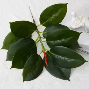 Artificial rubber tree branch fake green leaves for home living room decor indoor plant