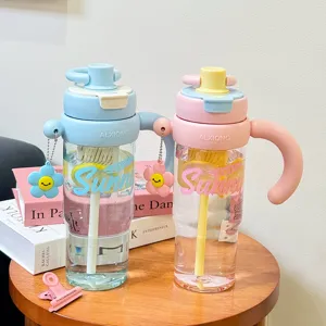 Modern Minimalistisch Polycarbonaat Grote Capaciteit Waterfles Met Rietje En Handvat Thee-Ei Bloemenenhanger Effen Kleur Plastic Drinkbeker Voor Dames Kantoor Thuis Dagelijks Gebruik