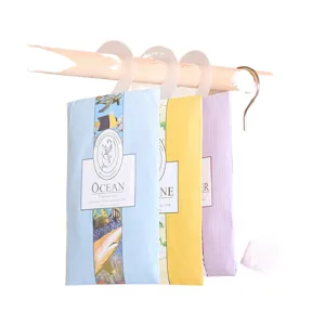 Hanging scented sachets for wardrobe, closet air freshener bags with hooks, multi-color.