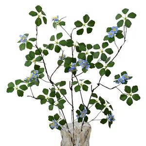 Artificial plant branch blue flowers green leaves home decor vase arrangement zen style tabletop