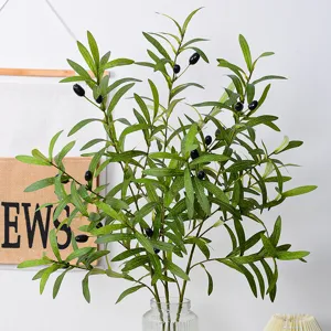 Rama de Olivo Artificial Planta Falsa Hojas Verdes Con Frutas Negras Para Decoración de Arreglo Floral de Boda en el Hogar