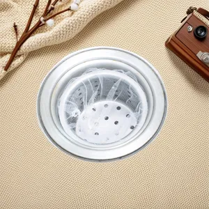 Detail view of kitchen sink drain strainer mesh bag, anti-clogging filter basket tool.