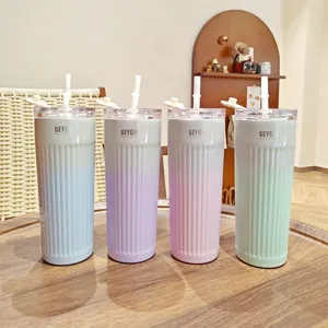 Gradient striped stainless steel coffee tumbler with straw, portable travel water bottle for daily