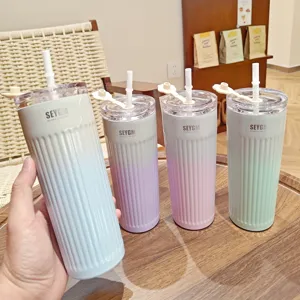 Gradient striped stainless steel insulated coffee tumbler with straw and lid travel mug