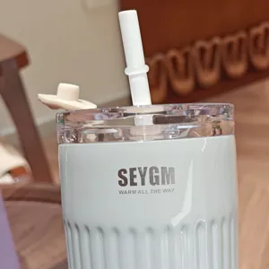 Stainless steel insulated tumbler detail view with straw and lid, portable daily use water cup.