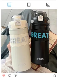 Botella de agua térmica portátil con pajita y doble diseño de bebida para el uso diario