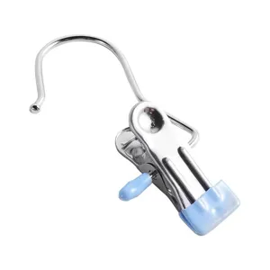 Stainless steel laundry clip with hook and blue protective tip for hanging clothes and hats.