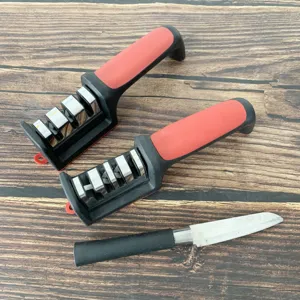 Detail view of the 4-stage multi-functional knife sharpener set with kitchen knife tool.