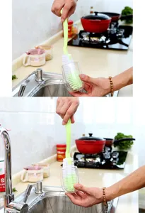 Long handled cleaning brush for cups bottles and kitchen pots with soft bristles for deep cleaning.
