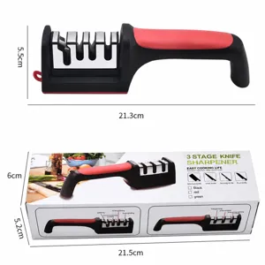 4-stage manual knife sharpener detail view showing dimensions and packaging box specs.