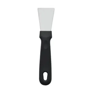Grattoir de nettoyage en acier inoxydable avec poignée en plastique noir pour cuisine et givre.