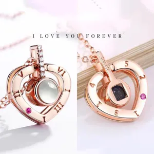 100 Languages I Love You Heart Projection Necklace S925 Rose Gold Pendant Gift For Her