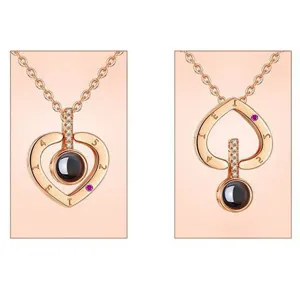 Rose gold memory of love projection necklace with zircon, adjustable heart pendant.