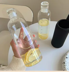 Detail view of clear glass water bottle with time scale markers and lemon slices inside.
