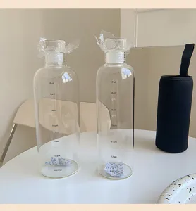 Clear glass water bottle with time marker, minimalist daily hydration tracker cup for desk.
