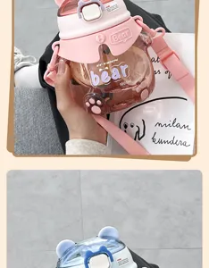 Borraccia in plastica a forma di orsetto con tracolla, tazza con cannuccia portatile 1000ml.