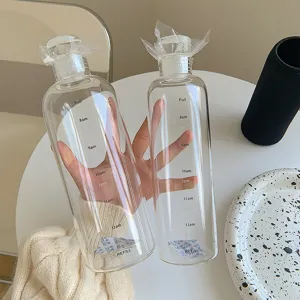 Ins minimalist glass water bottle with time markers, transparent portable drinking cup for students.