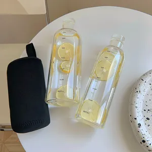 Time marker glass water bottle set with black protective sleeve for daily drinking clear