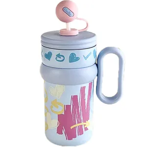 Tasse Isotherme Femme avec Paille Inox Vacuum Mug Design Coeur Mignon Tasse Poignée Portable
