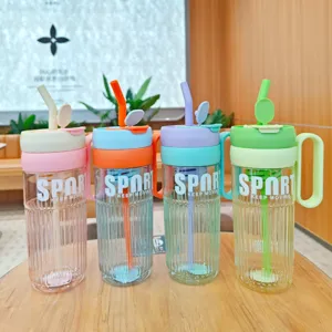 Gran capacidad botella de agua con pajita y asa, taza de plastico esmerilado de moda.