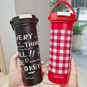 Modern Minimalistisch 316 Edelstahl Thermoskanne Tragbar Reise Kaffeebecher Mit Griff Strohhalm Doppelter Trinkdeckel Becher Für Büro Außenbereich Damen Paare Student