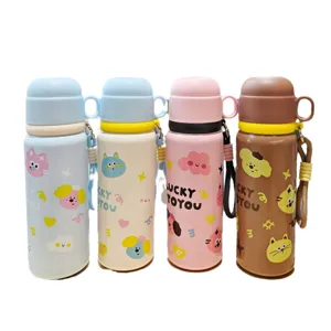 Niedliche Cartoon Thermosflasche mit Tragegurt fuer Schueler, tragbare Edelstahlflasche.