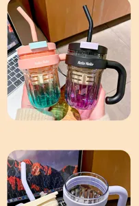 Gradient straw plastic water cup with tea strainer and handle for office student use.