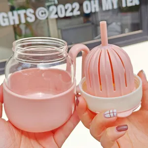 Pink glass tea cup with infuser and straw, heat-resistant dual drinking office bottle for women.