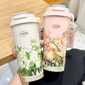Stainless steel insulated coffee tumbler with straw double drinking lid and floral design