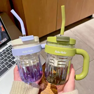 Modern Minimalist PC Plastic Straw Tumbler Gradient Striped Dual Drinking Water Bottle With Tea Filter Handle For Office Students