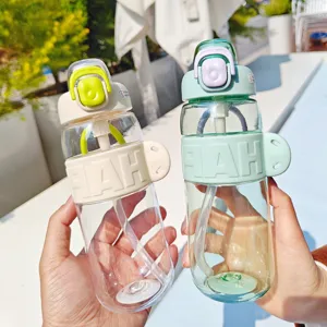 Bouteille d'Eau de Sport en Plastique Avec Paille Couvercle Rebondissant Gourde Portable Anti-Fuite Gobelet Transparent pour École Voyage