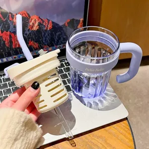 Gradient striped plastic straw water cup with tea filter, dual-drink office student mug.