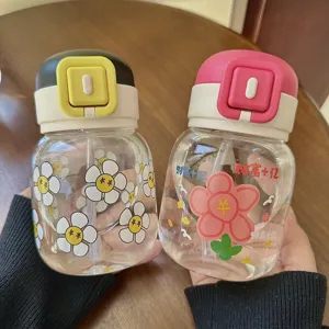 Cute chubby water bottle featuring lovely floral print and straw, perfect daily portable glass cup.