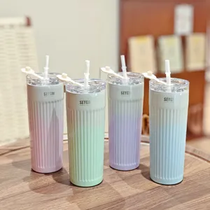 Gradient striped 304 stainless steel tumbler with straw, portable travel coffee cup for daily use.