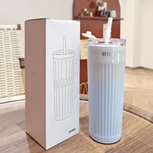 Gradient striped 500ml stainless steel insulated travel tumbler with straw cup.