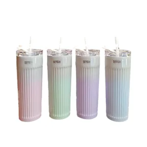 Gradient striped stainless steel tumbler with straw, portable travel coffee cup for daily use.