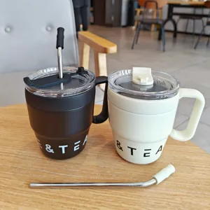 Modern Edelstahl Isolierbecher Mit Griff Strohhalm Auslaufsicher Kaffeebecher Tragbar Reise Thermobecher Für Paare Büro Zuhause