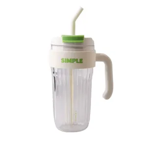 Portable plastic straw cup with handle and clear striped body for daily summer drinking use