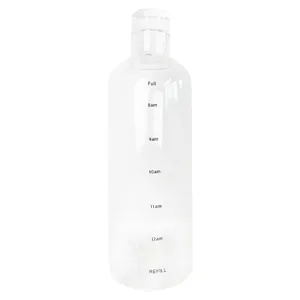 Clear glass water bottle with time markings and refill text, minimalist portable drinkware.