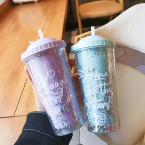 Doppelwandiger Kunststoff-Strohbecher mit Sternen-Glitzer, süße Wasserflasche für Damen
