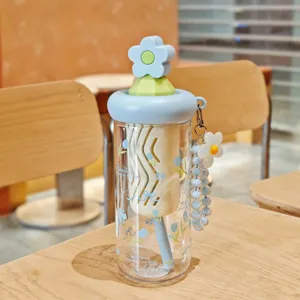Süße Blumen Trinkflasche mit Strohhalm großes Plastik Becher ästhetisch für Mädchen